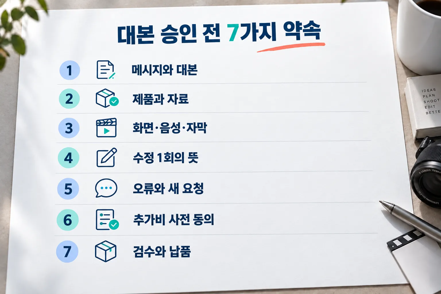 메시지, 자료, 연출, 수정 횟수, 오류 구분, 추가비 동의, 납품까지 대본 승인 전 7가지 확인 항목