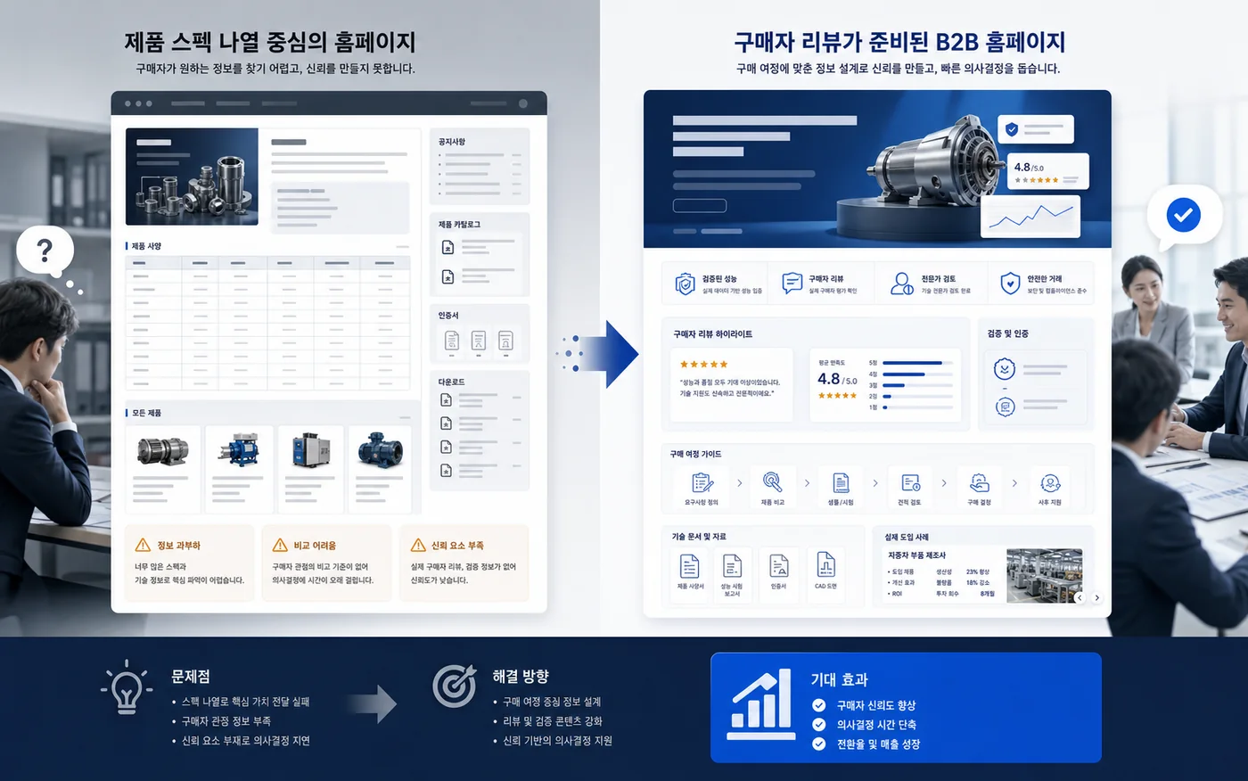 B2B 홈페이지 제작에서 제품 스펙 나열형과 구매 담당자 검토 지원형 구성을 비교한 이미지