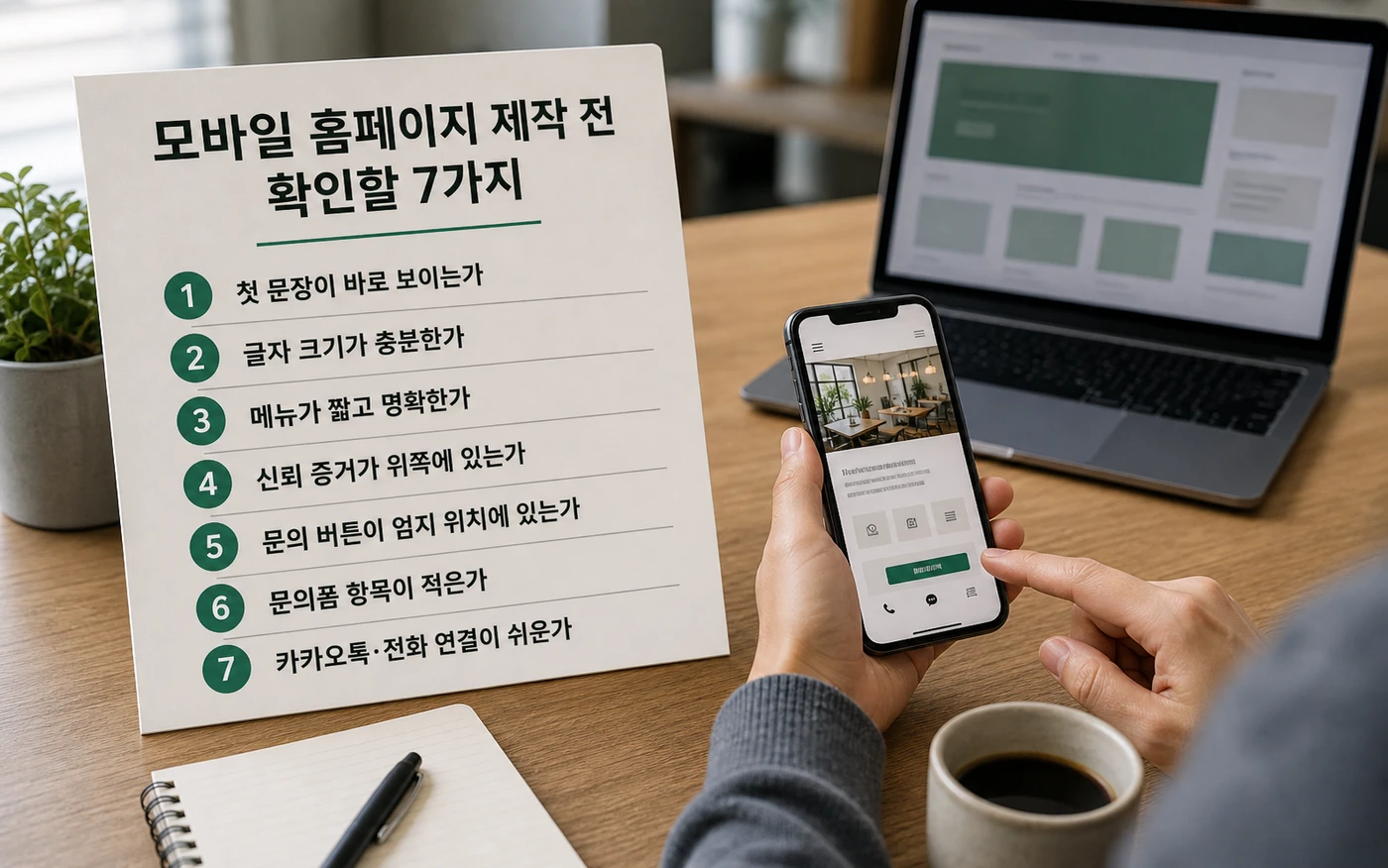 모바일 홈페이지 제작 전 첫 문장, 문의 버튼, 메뉴, 문단, 이미지, 문의폼, 연락 수단을 확인하는 7가지 체크리스트 이미지