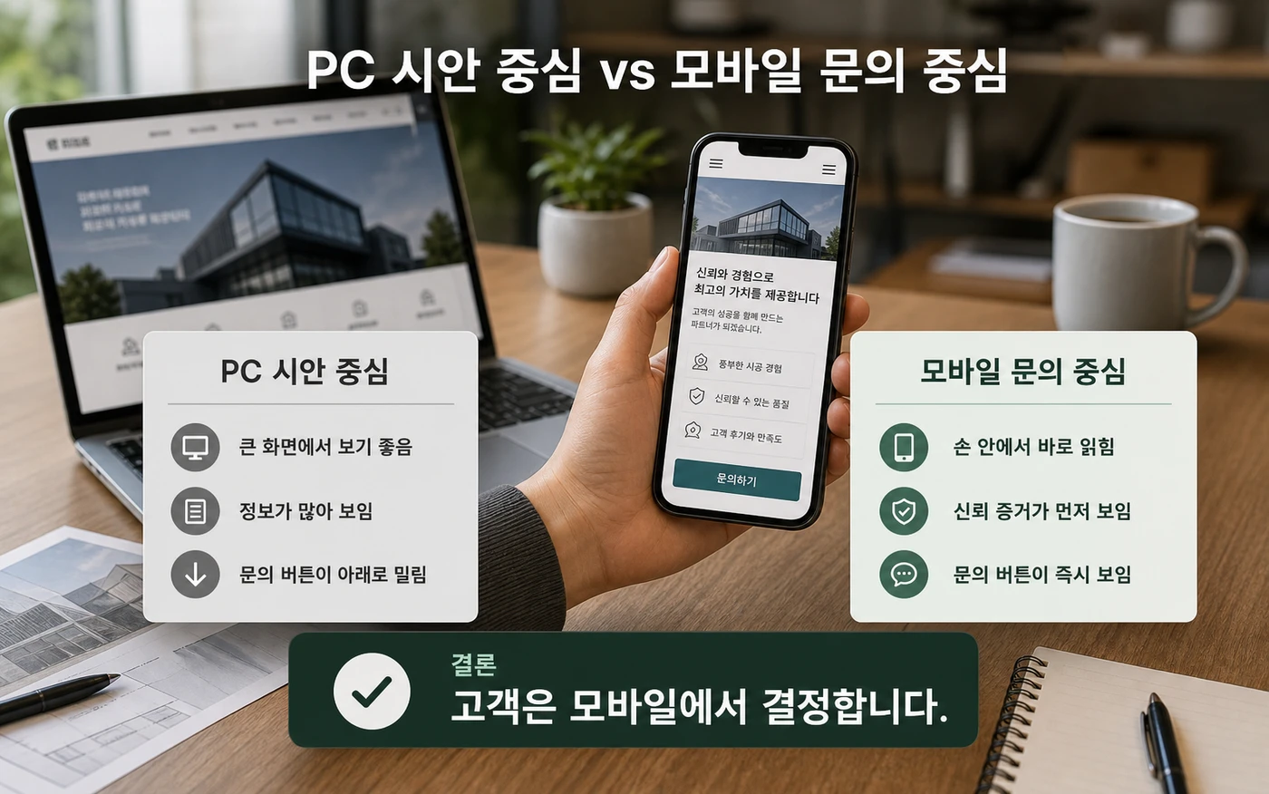 PC 시안 중심 홈페이지와 모바일 문의 중심 홈페이지의 기준 차이를 비교한 이미지