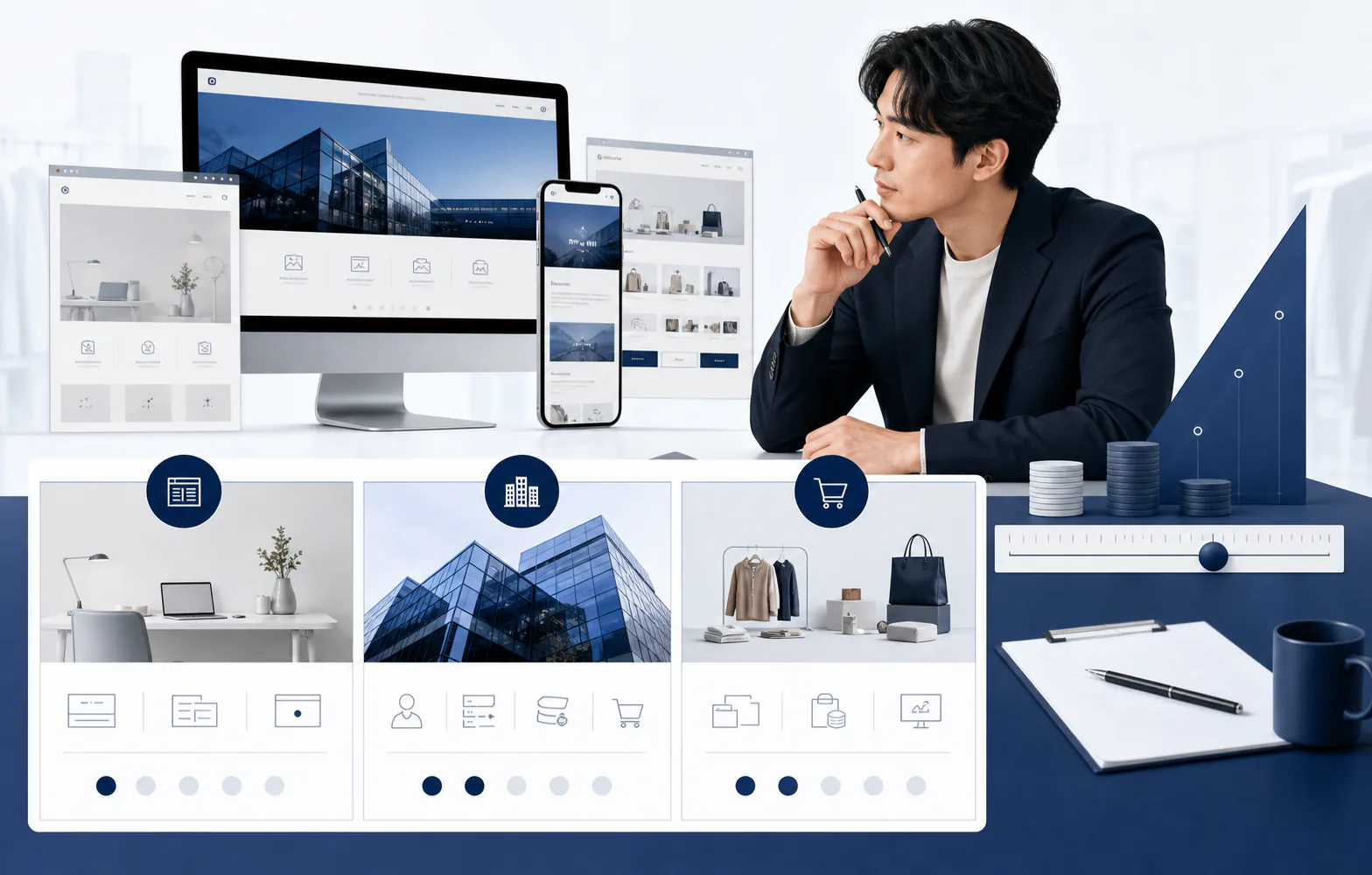 간단한 홈페이지, 기업 홈페이지, 쇼핑몰의 제작 범위와 비용 기준을 비교하는 장면