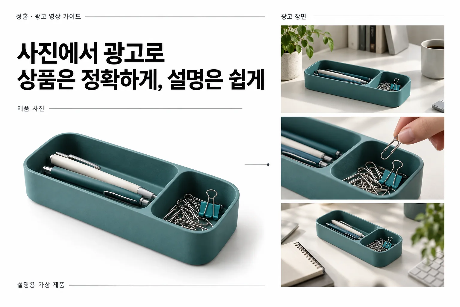 가상 수납 트레이의 제품 사진과 광고 장면을 비교한 에디토리얼 이미지