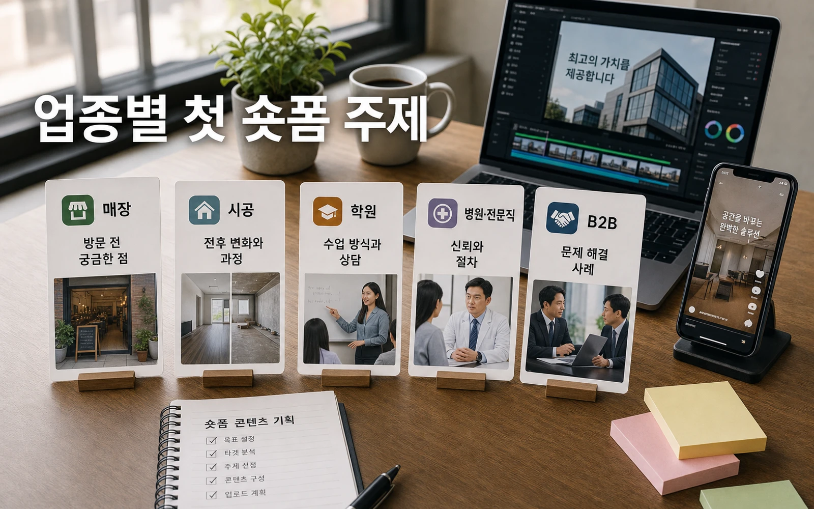 매장 시공 학원 병원 전문직 B2B 업종별 첫 숏폼 주제를 정리한 이미지