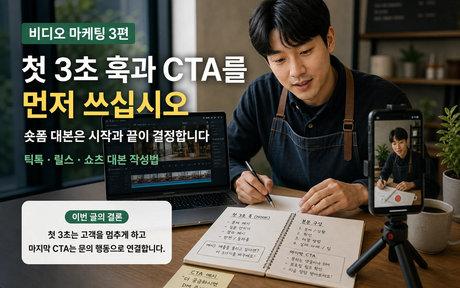 비디오 마케팅 3편 첫 3초 훅과 CTA를 먼저 쓰라는 안내 이미지