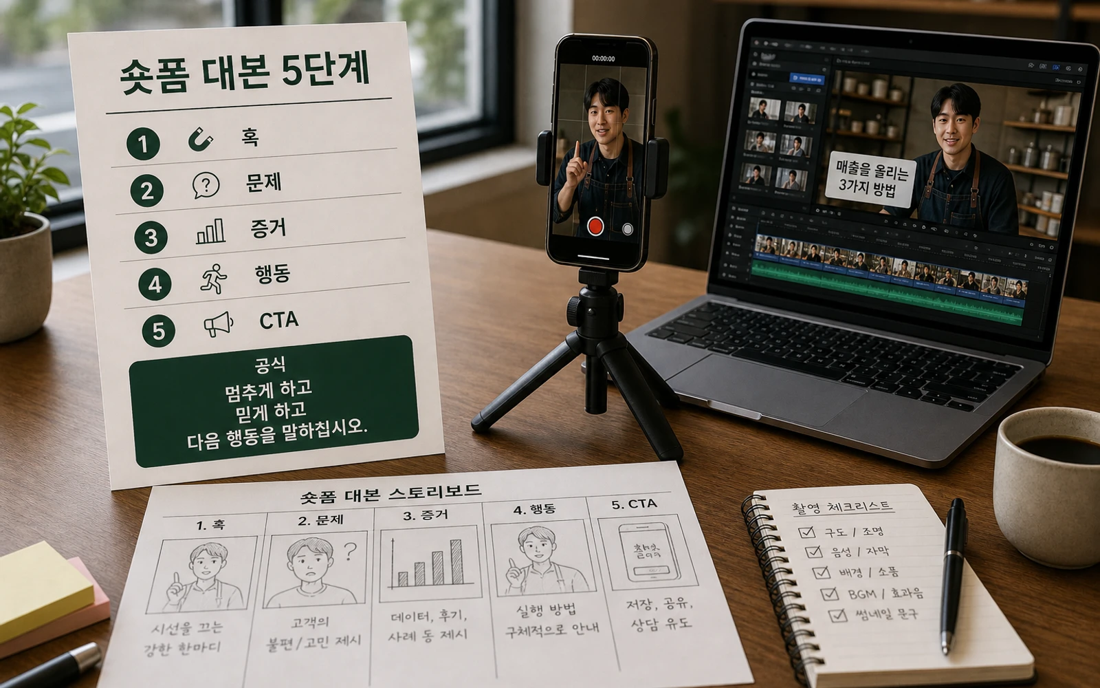 숏폼 대본 5단계 훅 문제 증거 행동 CTA를 정리한 이미지