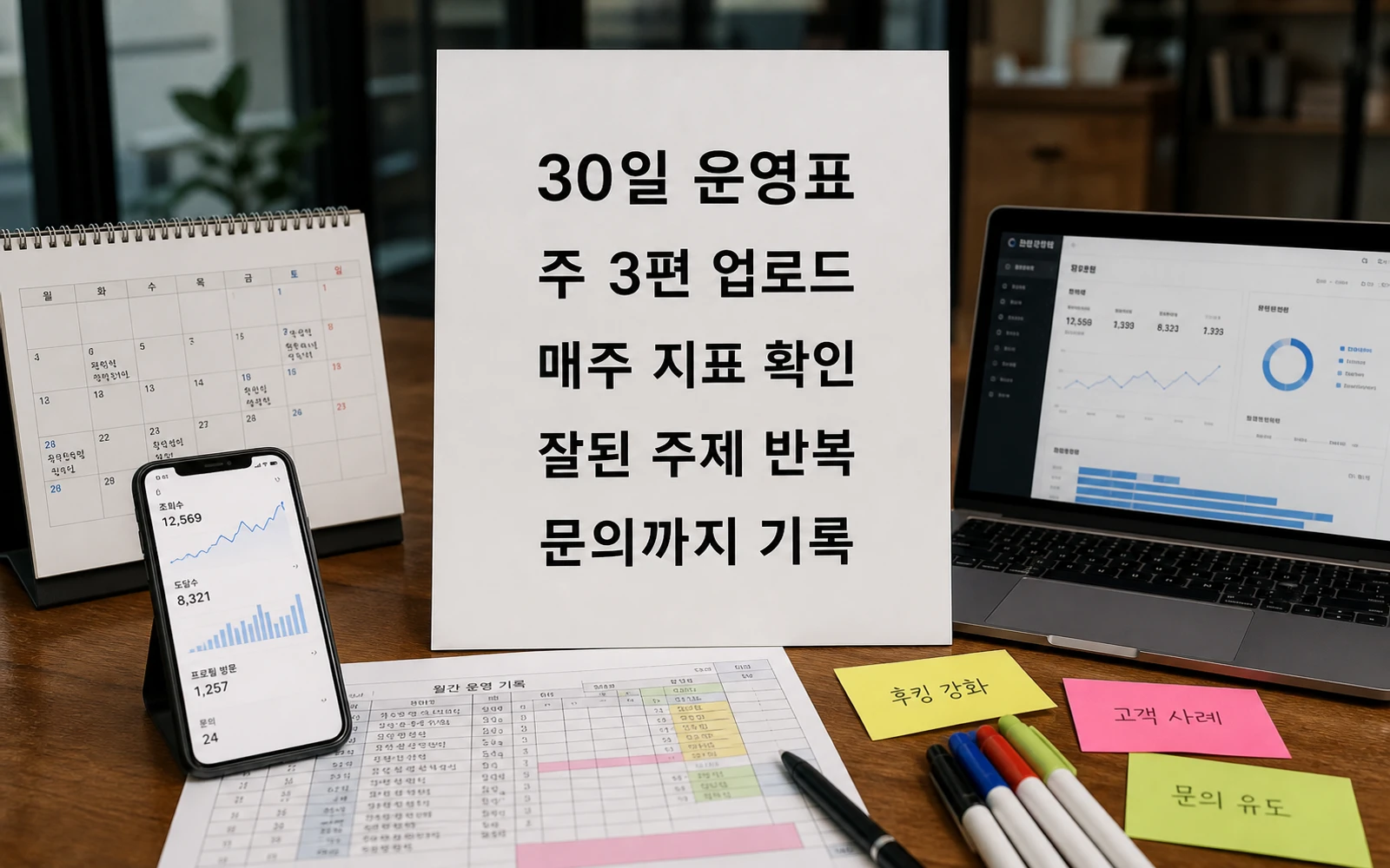 30일 운영표 주 3편 업로드 매주 지표 확인 잘된 주제 반복 문의까지 기록을 정리한 이미지