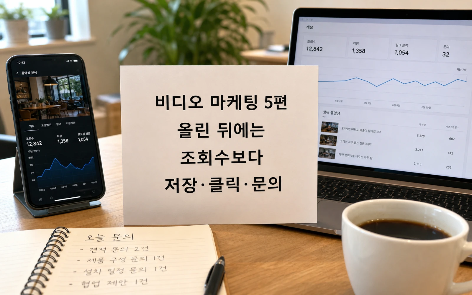 비디오 마케팅 5편 올린 뒤에는 조회수보다 저장 클릭 문의를 보라는 안내 이미지