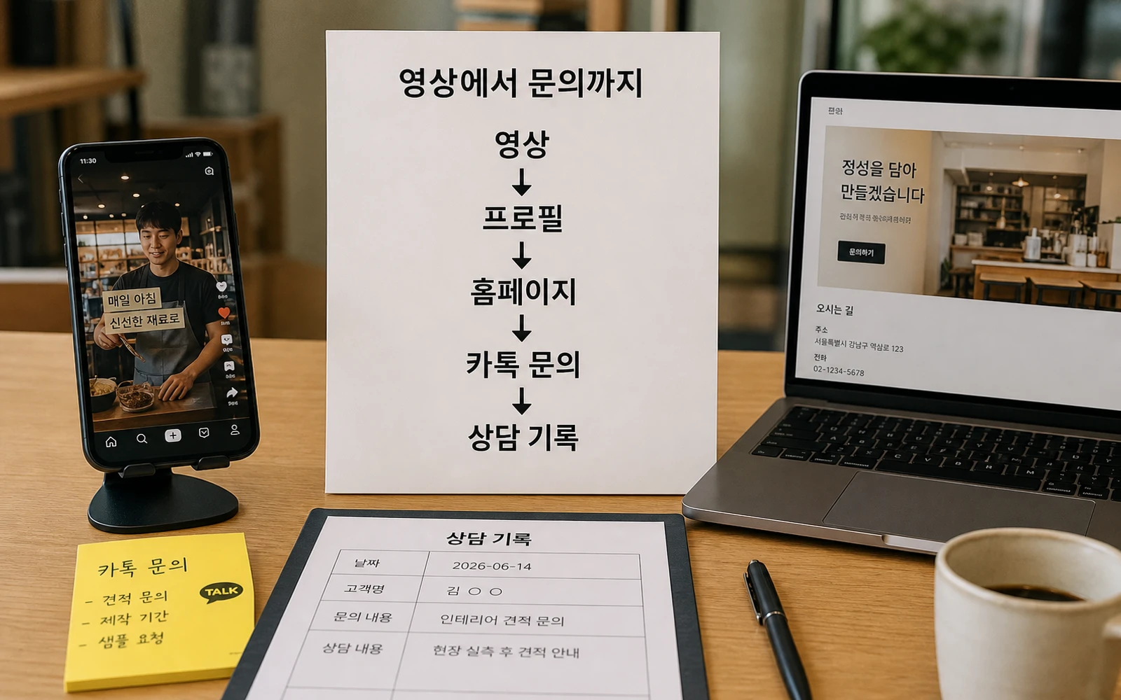 영상에서 문의까지 영상 프로필 홈페이지 카톡 문의 상담 기록 흐름을 정리한 이미지
