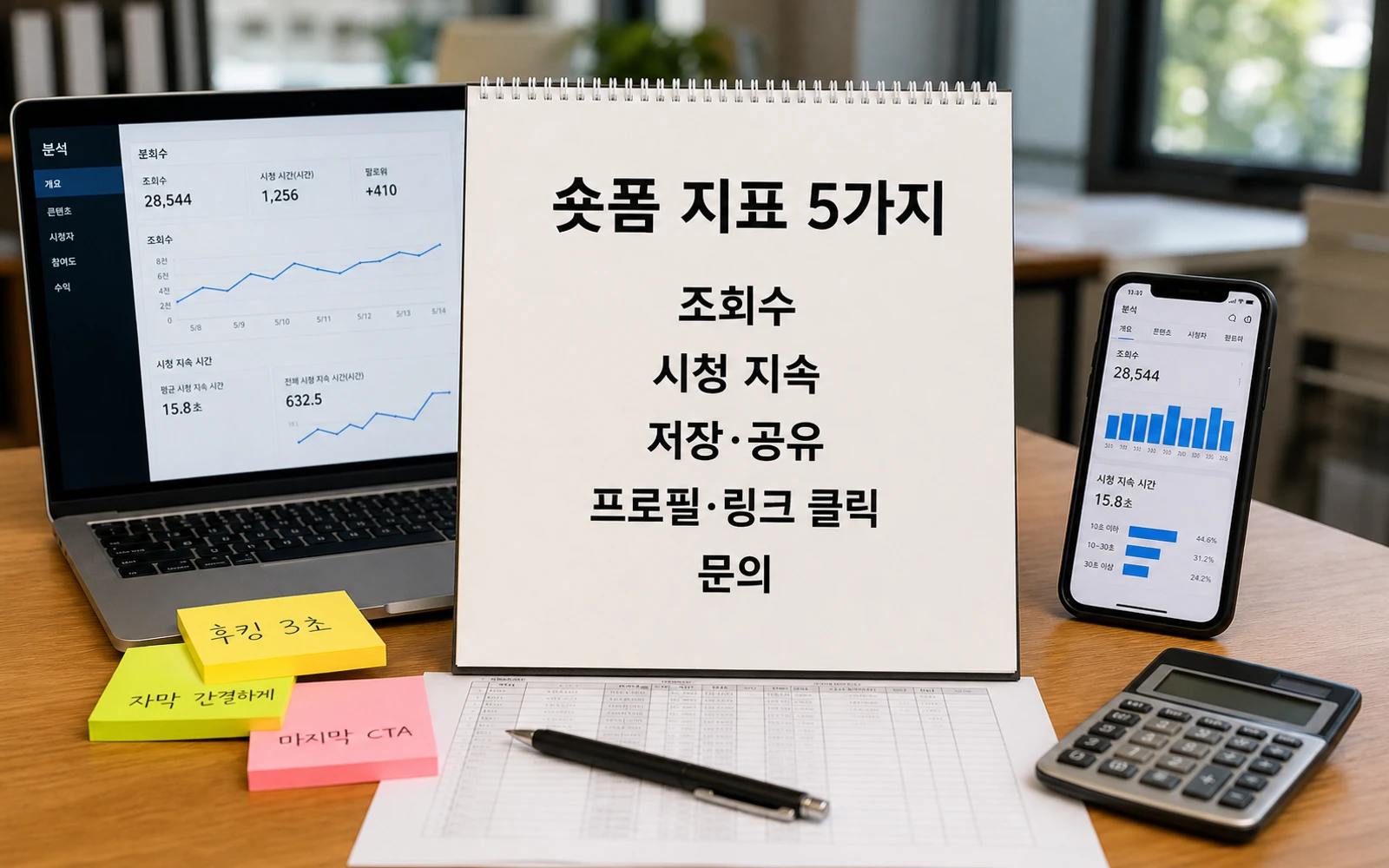 숏폼 지표 5가지 조회수 시청 지속 저장 공유 프로필 링크 클릭 문의를 정리한 이미지