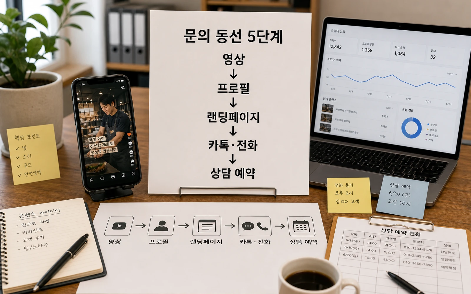 문의 동선 5단계 영상 프로필 랜딩페이지 카톡 전화 상담 예약을 정리한 이미지