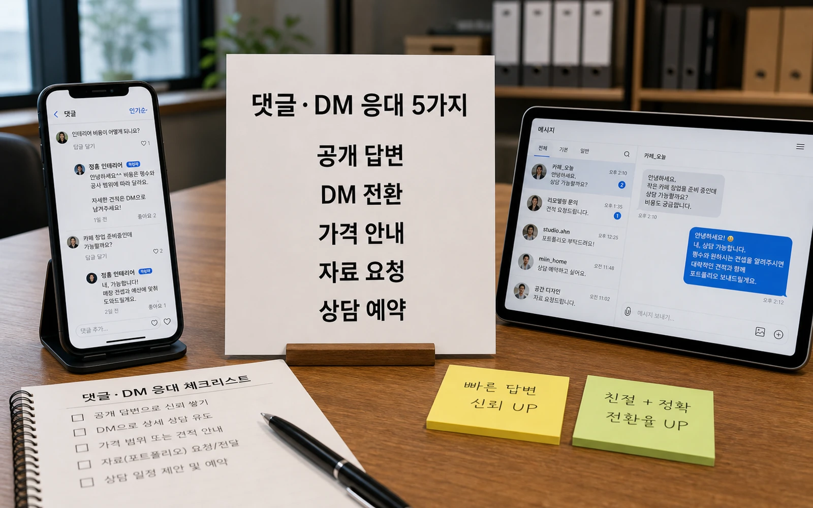 댓글 DM 응대 5가지 공개 답변 DM 전환 가격 안내 자료 요청 상담 예약을 정리한 이미지